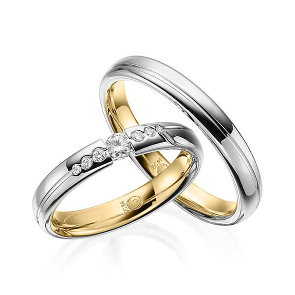 Paar Trauringe / Eheringe außen Platin 600/- , innen Gelbgold 585/- zus. 0,160 ct, tw, si - RU-1533-10