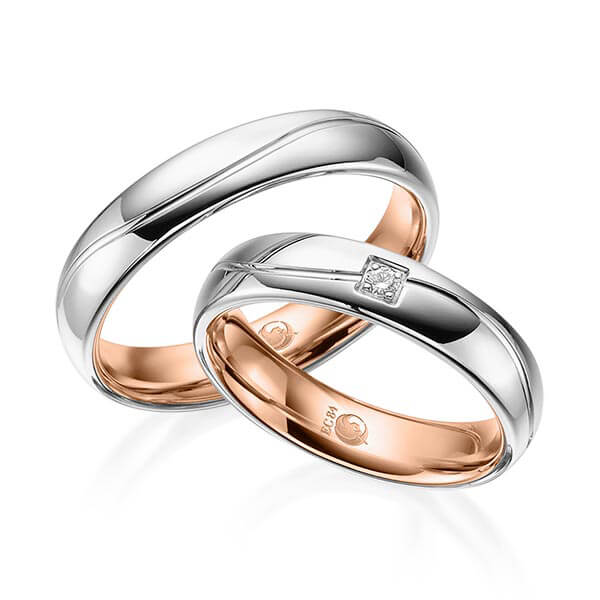 Paar Trauringe / Eheringe außen Platin 600/- , innen Rotgold 585/- zus. 0,030 ct, tw, si - RU-1532-9
