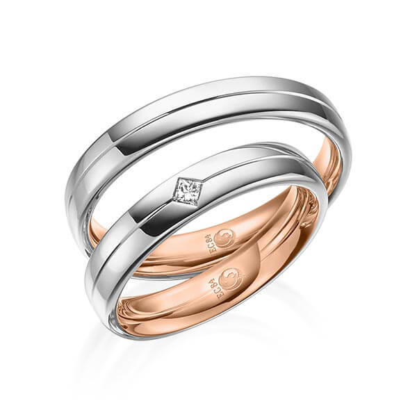 Paar Trauringe / Eheringe außen Platin 600/- , innen Rotgold 585/- zus. 0,070 ct, tw, si - RU-1540-11