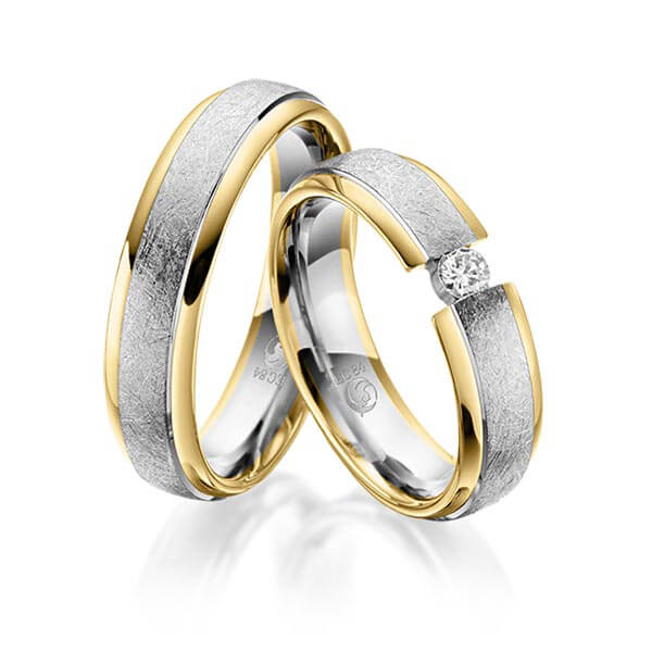 Paar Trauringe / Eheringe Gelbgold 585/- Platin 600/- zus. 0,100 ct, tw, si - RU-1048-8