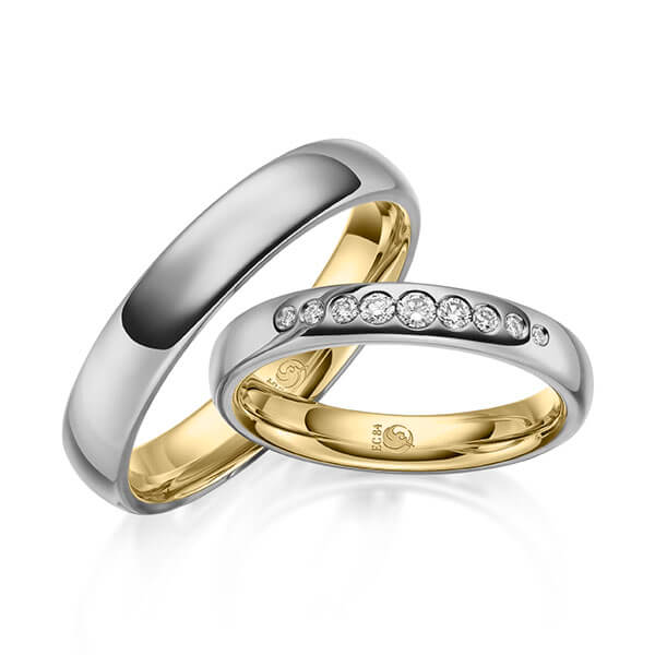 Paar Trauringe / Eheringe Innen Gelbgold 585/- , außen Platin 600/- zus. 0,142 ct, tw, si & tw, vs - RU-1641-12