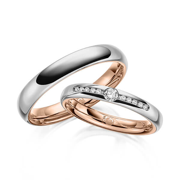 Paar Trauringe / Eheringe Innen Rotgold 585/- , außen Platin 600/- zus. 0,160 ct, tw, si - RU-1645-10