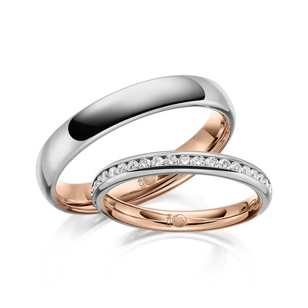 Paar Trauringe / Eheringe Innen Rotgold 585/- , außen Platin 600/- zus. 0,285 ct, tw, vs - RU-1643-10