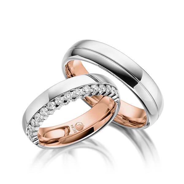 Paar Trauringe / Eheringe Innen Rotgold 585/- , außen Weißgold 585/- zus. 0,480 ct, tw, si - RU-1052-1