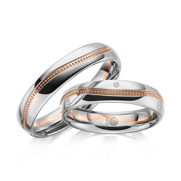 Paar Trauringe / Eheringe Platin 600/- Rotgold 585/- zus. 0,030 ct, tw, si - RU-1627-13