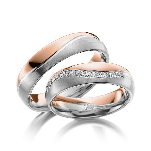 Paar Trauringe / Eheringe Platin 600/- Rotgold 585/- zus. 0,160 ct, tw, si - RU-1021-1
