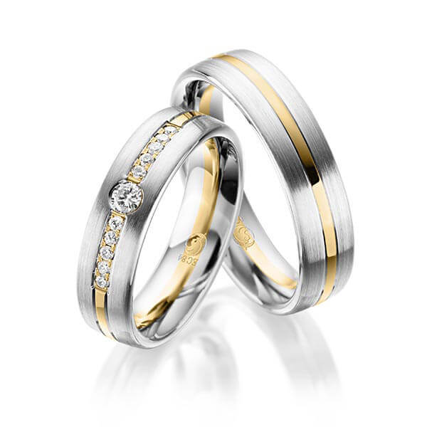 Paar Trauringe / Eheringe Weißgold 585/- Gelbgold 585/- zus. 0,200 ct, tw, si - RU-1049-1